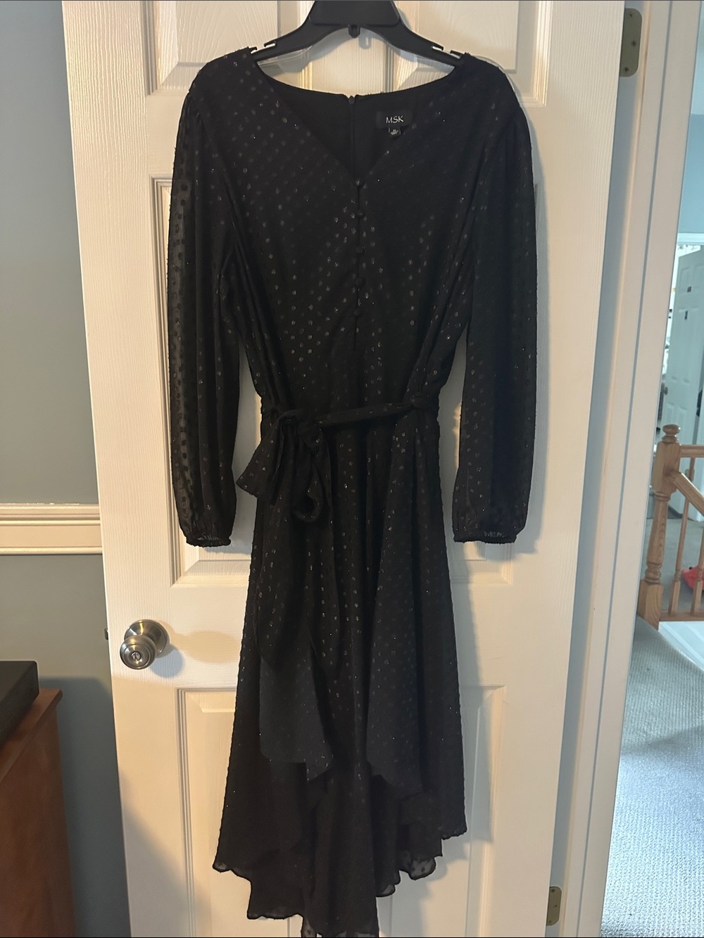 MSK Black Long-Sleeve Textured Midi Dress with Self-Tie Waist